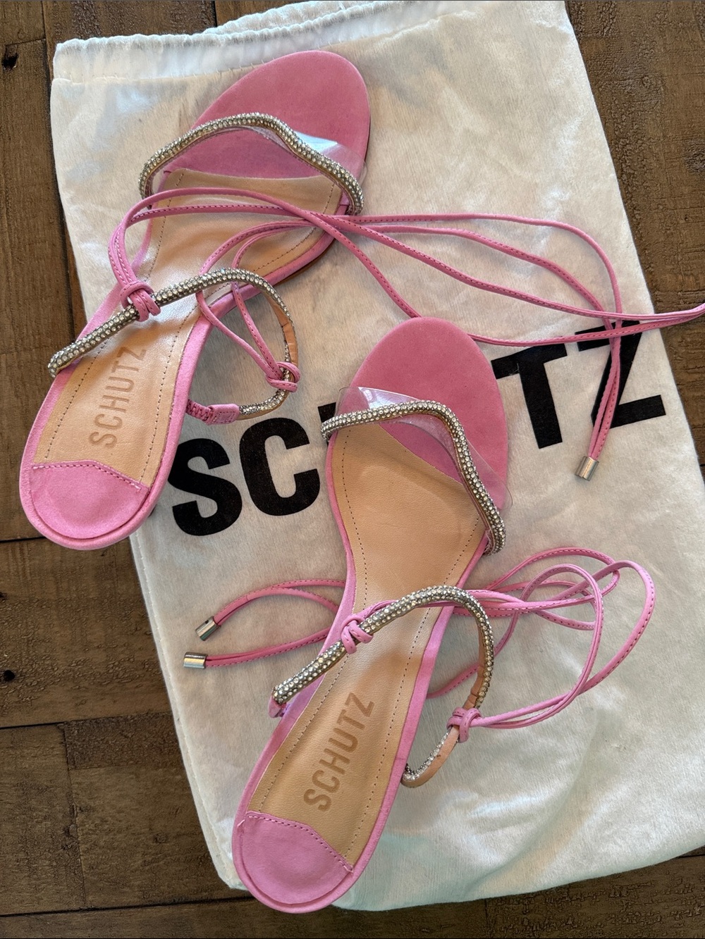 SCHUTZ Pink Suede Lace-Up Heeled Sandals with Crystal Trim - Picture 7 of 7